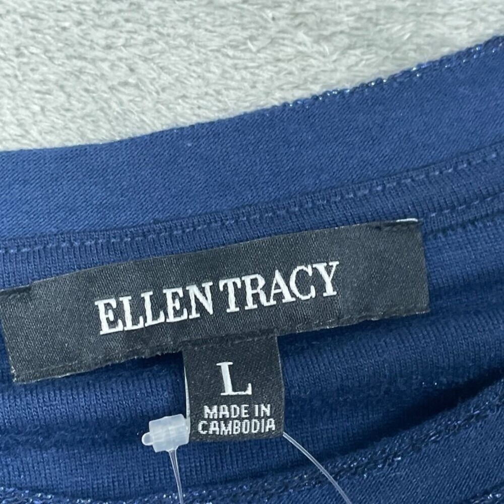 💥 Ellen Tracy Womens Blue Glitter Stripe Short Sleeve Top Size L d0307 - Picture 3 of 8